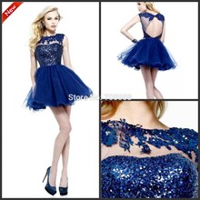 2014 Free Shipping  Ball Gown Scoop Cap Sleeve Beaded Tulle Girl Cocktail Short Mini Prom Party Homecoming Dresses With Backless