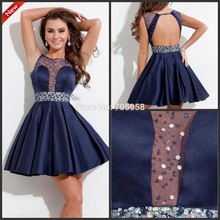 Free Shipping 2014 Dark Navy Short Homecoming Dress Sheer Jewel A Line Short Pleat Satin Beaded Prom Dresses Keyhole Backless