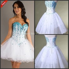 Free Shipping 2014 New A Line Mini Sweetheart  Strapless White Tulle Beaded Formal Prom Homecoming Short Party Dresses Backless