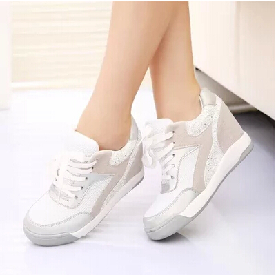 2014 Fashion Genuine Leather Women s Wedge High Heels Sneakers Breatherable Net Canvas Casual Single Shoes