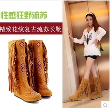 Autumn and Winter Boots Fringed Ethnic Style Beautifully Embroidered Fringed Increased Boots High Top Boots Botas