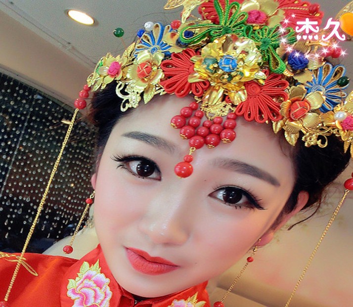 Unique Luxury Gold Plated Chinese Wedding Hair Accessories Red Flower Mixed Tiaras and Crowns 2014 Hair
