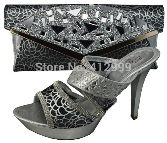 Nice grey color fashion wedding high heel shoe and matching bag set 11cm shoe and bag