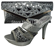 Nice grey color fashion wedding high heel shoe and matching bag set 11cm shoe and bag free shipping