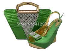 African Fashion Shoes and Matching Bags set for women, with plenty glass and Italy Shoes and Bags green