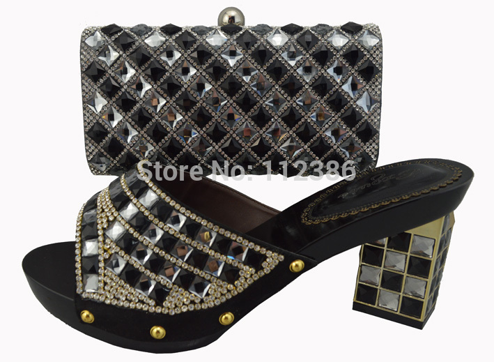 Top selling black color Fashion ladies shoes and matching bags for wedding High class African design