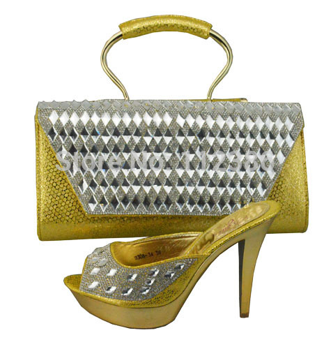 2014 Nice gold shoe and matching bag high heel sandal shoe with handbag for free shipping
