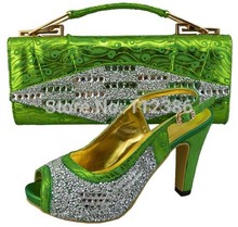 New design and hot-selling italy matching shoe and bag set with full shinning stones size 38-43 green