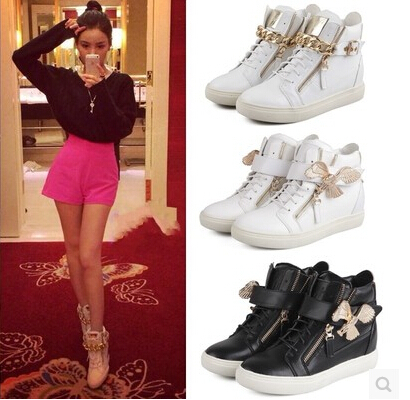 2014 Brand Genuine Leather Women Wedge High Heels Sneakers Height Increasing Casual Shoes Chain Decorative Women