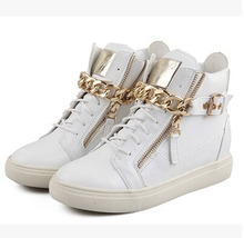 2014 Brand Genuine Leather Women Wedge High Heels Sneakers Height Increasing Casual Shoes Chain Decorative Women