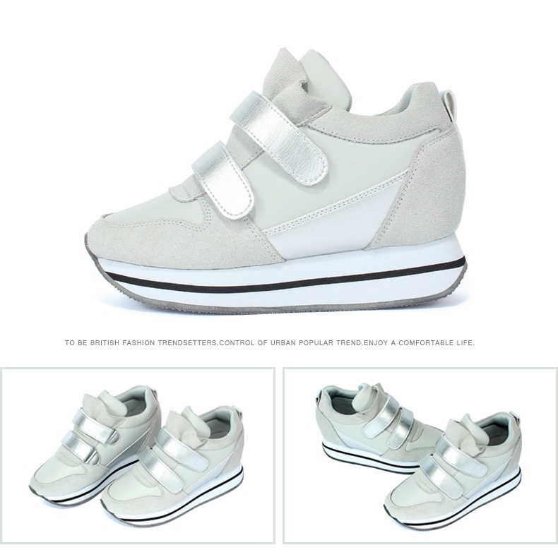New 2014 Women Leather Shoes Fashion Velcro Wedge Sneakers Height Increasing Platform Sneakers Female Footwear Free