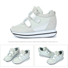 New 2014 Women Leather Shoes Fashion Velcro Wedge Sneakers Height Increasing Platform Sneakers Female Footwear Free