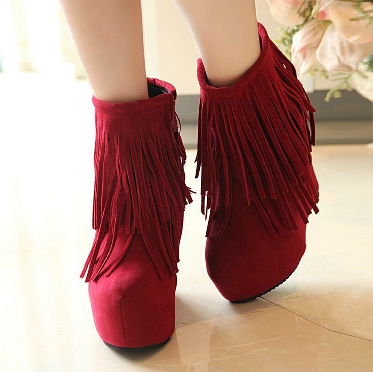2014 Winter European Wedge high heeled Womens Boots Ankle boots Tassels heels Shoes
