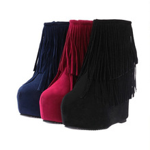 2014 Winter European Wedge high heeled Womens Boots Ankle boots Tassels heels Shoes