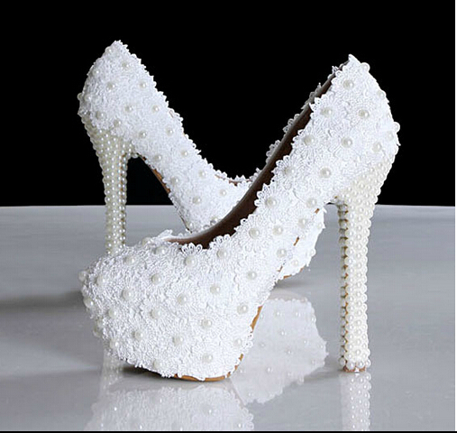 Best selling Platform Beautiful Pearl Lace White Wedding Shoes Women Pumps Party Dance Sexy High Heeled