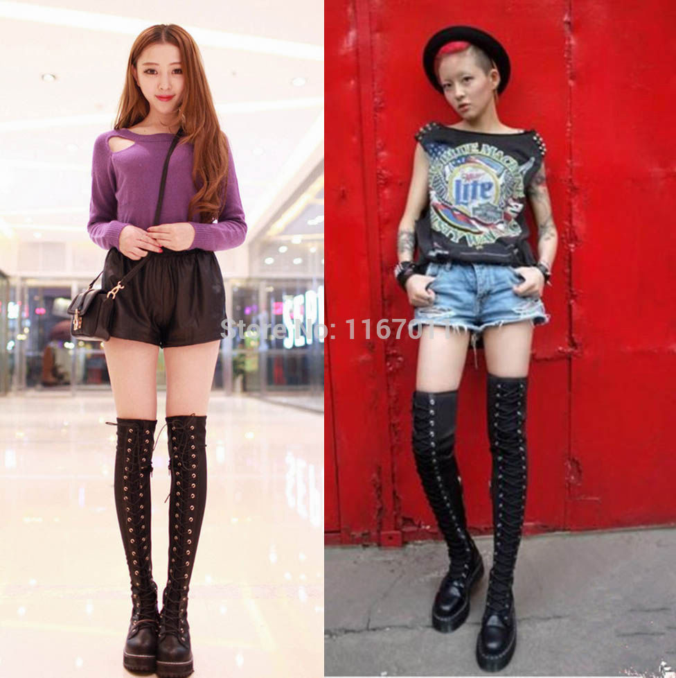 Free Shipping Women s PU Elastic Patchwork Thigh High Boots Sexy Flat Wedge Platform Round Toe