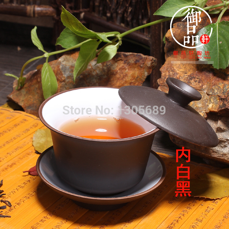 Chinese tea set zisha purple clay gaiwan porcelain inside white outside black teacup bowl with lid