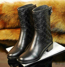 Wholesales Euro Style Kucci Style Genuine Leather Autumn Boots Women Boots Lady Mid Calf Boots Printing Martin Boots