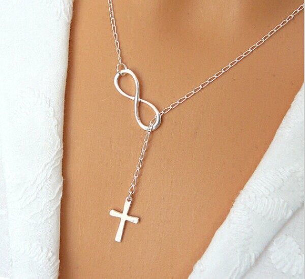 Fashion Casual Personality Infinity Cross Lariat Pendant Silver Plated Necklace Forever Faith Necklace Jewelry Wholesale N123