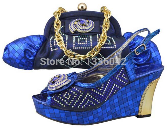Nice looking blue color Italian lady High heel shoes 5color matching with bag sets for party