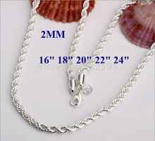 16-24INCHES Free shipping Beautiful fashion Elegant 925 Sterling silver women men 2MM chain cute Rope Necklace Can for pendant