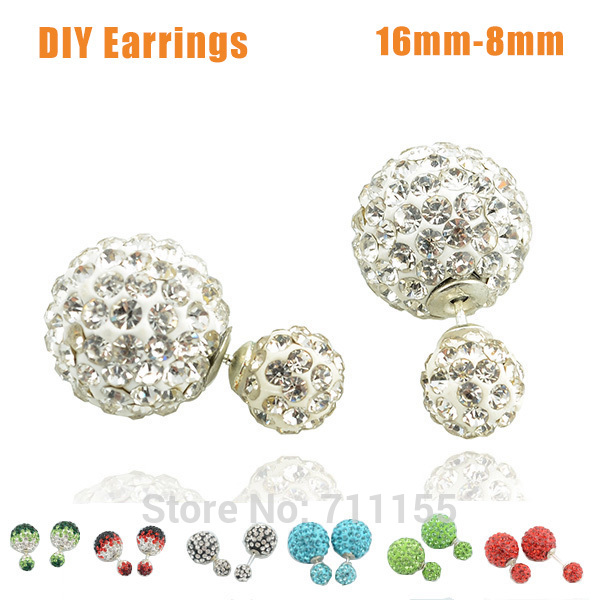 2015 DIY Shamballa Ball Double Faced Pearl Stud Earrings Brand Jewelry Candy Piercing Face to Face