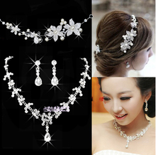 Free shipping the bride diamond jewelry frontal decorated crown necklace earrings three-piece marriage gauze  hair tire chain