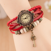 New Fashion Brand Vintage Girls Leather Strap Alloy Key Pendant Bracelet Watches Punk Wristwatch for Women Free Shipping