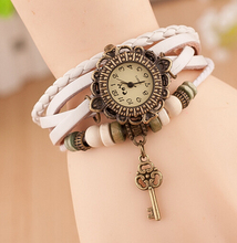 New Fashion Brand Vintage Girls Leather Strap Alloy Key Pendant Bracelet Watches Punk Wristwatch for Women