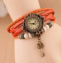 New Fashion Brand Vintage Girls Leather Strap Alloy Key Pendant Bracelet Watches Punk Wristwatch for Women