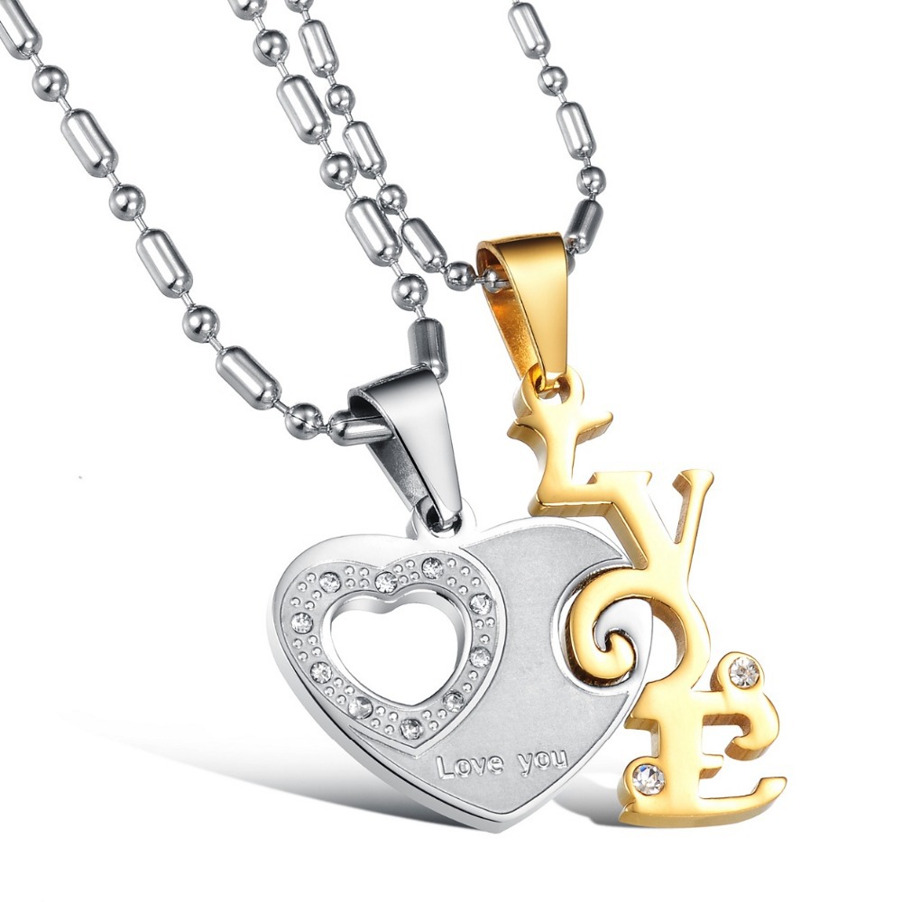 2014 New Fashion Stainless Steel Puzzle Couple Necklace LOVE letters Romantic Design best Christmas gift one