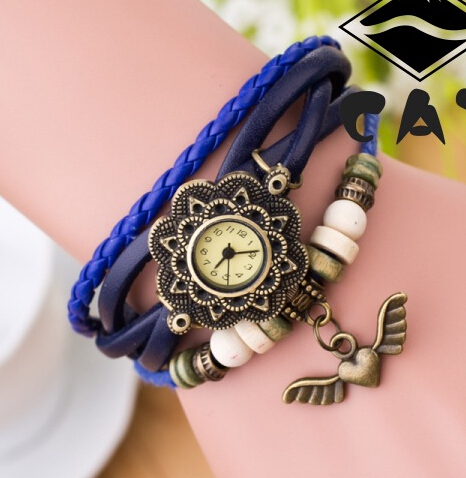 New Hot Sale Original High Quality Women Genuine Leather Vintage Watches Bracelet Wristwatches Wings peach heart