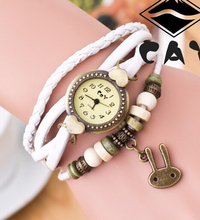 New Fashion Brand Vintage Girls Leather Strap Alloy Rabbit Pendant Bracelet Watches Punk Wristwatch for Women