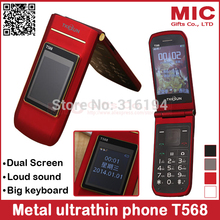 2014 unlocked flip Dual Touch Screen Dual SIM card metal body FM big keyboard lound sound old man senior mobile phone T568 P449