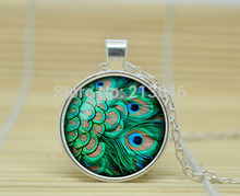 1pcs PEACOCK JEWELRY Peacock Necklace Aqua Turquoise Green Jewelry Necklace  Glass Cabochon Necklace A0891