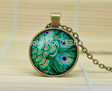 1pcs PEACOCK JEWELRY Peacock Necklace Aqua Turquoise Green Jewelry Necklace Glass Cabochon Necklace A0891