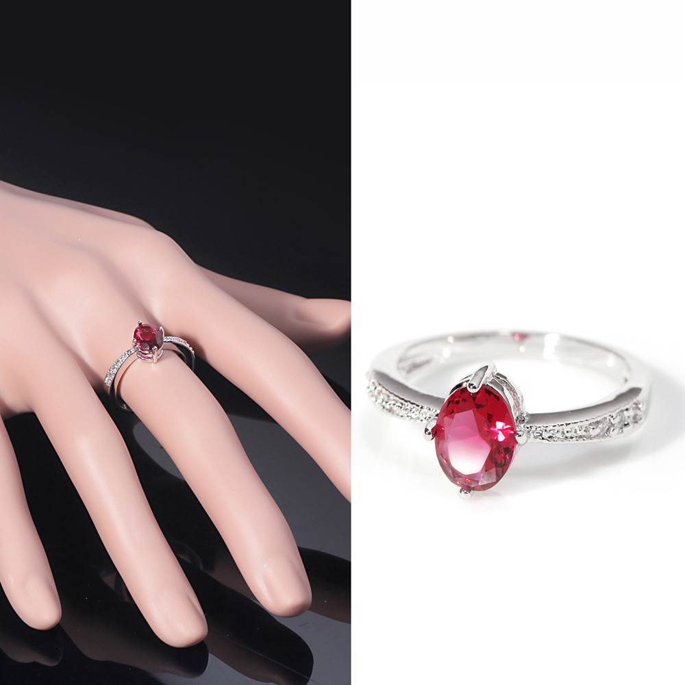 ROM New Oval Ruby Red Diamon Zircon Engagement Ring 18K White Gold Plated Austrian Crystal SWA