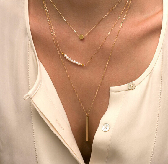 TX405 Simple Fashion Double Chain Necklace Beads and Long Strip Pendant Necklaces Jewelry for Elegant Women