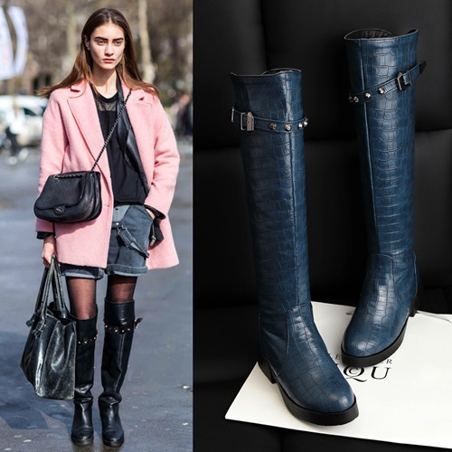 High quality women brand design flat motorcycle boots female sexy black rivets over the knee boots