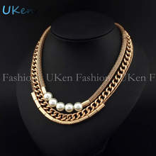 New Arrival Fashion Accessories 2014 Gold Chains Through Metal Pipe Pearl Necklaces Vintage Statement Charm Women