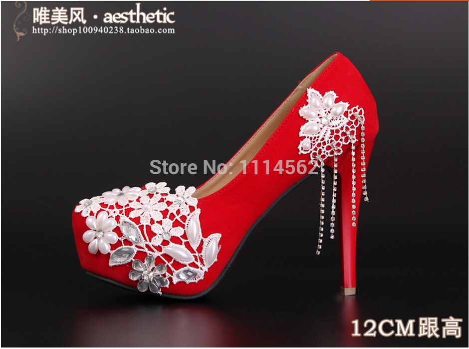 2014 White Red Wedding Shoes New Elegant Pearls Crystal Lace Flowers Tassel 12cm Womens High Heel