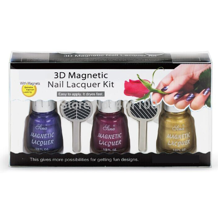 3D Magnetic Nail Lacquer Kit Set 3 Colors Magnetic Nail Polish with 2 Magnets C0114