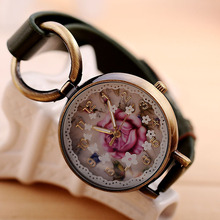 European Style Fashion Watches Design Pink Vintage Roses Surface Dress Watch For Women Clock Best Gifts
