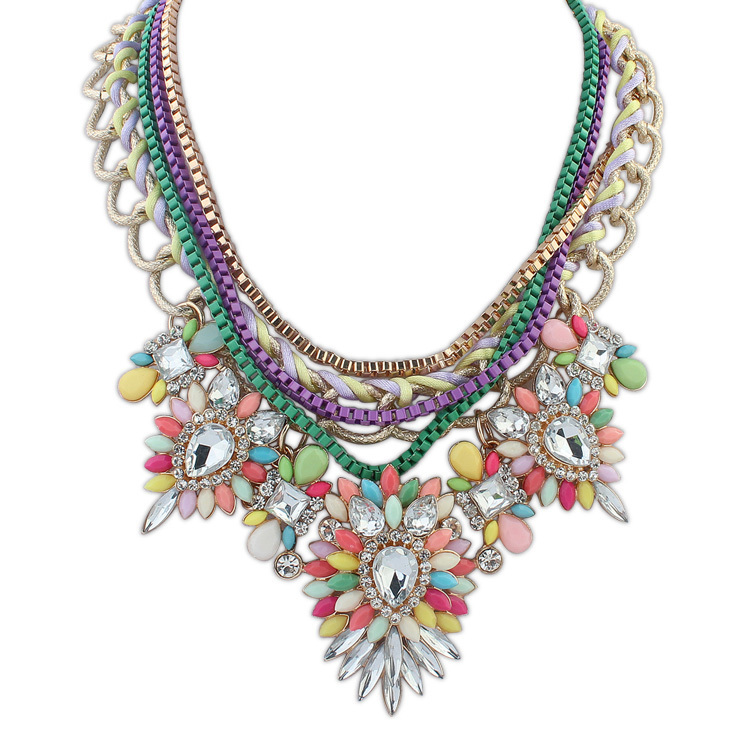 Statement Necklaces 2015 New Design Female Multicolor Resin Rhinestone Necklaces Multi layer Chain Pendants luxury jewelry