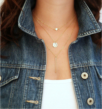 TX254 3 Gold Layered Necklace Hammered Disc Long Bar Necklace Crystal Vertical Bar Bridesmaid Jewelry Girl