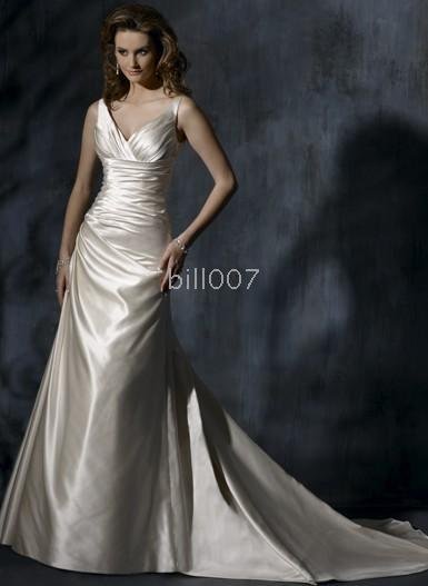 Aline Vneck Bridal Gowns Satin floorlength Celebrity Wedding gown for