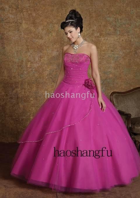 Gown Prom Dress Hot Pink Organza Sequin Beads Wedding Bridesmaid Evening(China (Mainland))