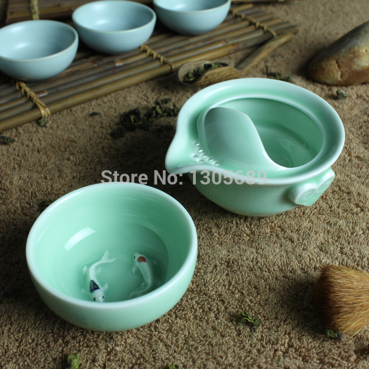 Portable tea set made in China pottery travel teaset pot with infuser cup fish design celadon