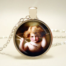 2014 Vintage Cupid Handcrafted Pendant Bow and Arrow Jewelry Cute Kids Glass Dome Silver Long Necklace