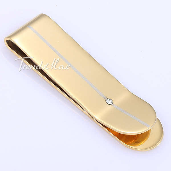 Fashion 18mm Inlaid Clear Rhinestones Mens Gold Silver Black Tone Stainless Steel Money Clip Cash Holder
